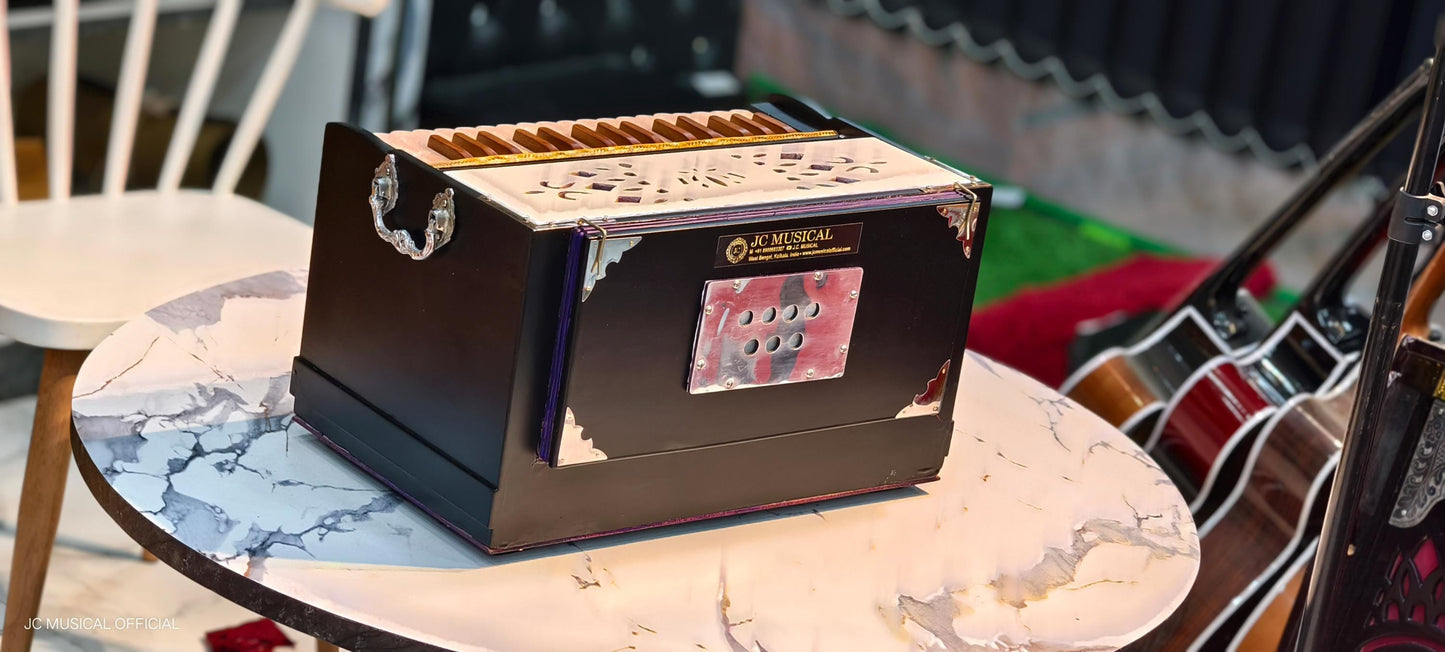 2LINE MINI HARMONIUM PROFESSIONAL/ Customised model white black dual tone with premium wooden accessories