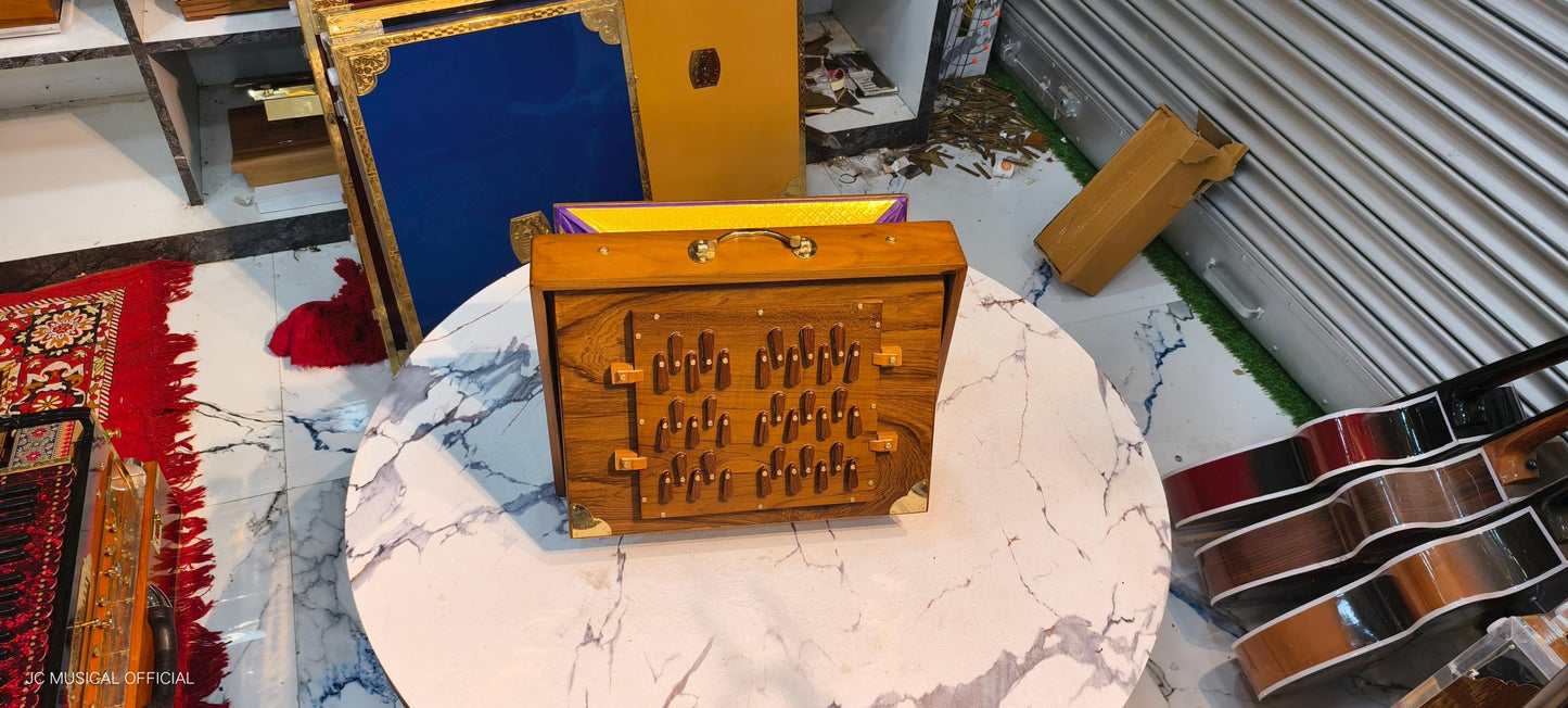 SHRUTI BOX 3LINE WOODEN mat finish three octeve with wooden accessories and rich golden decoration