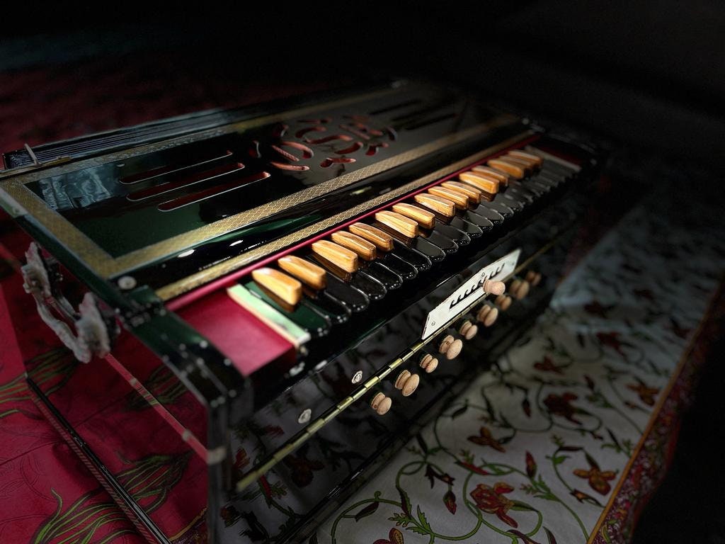 DS RAMSINGH 9Scale changer Harmonium with wooden keys and stopers black mirror finish polish with black imported Italian keyboard