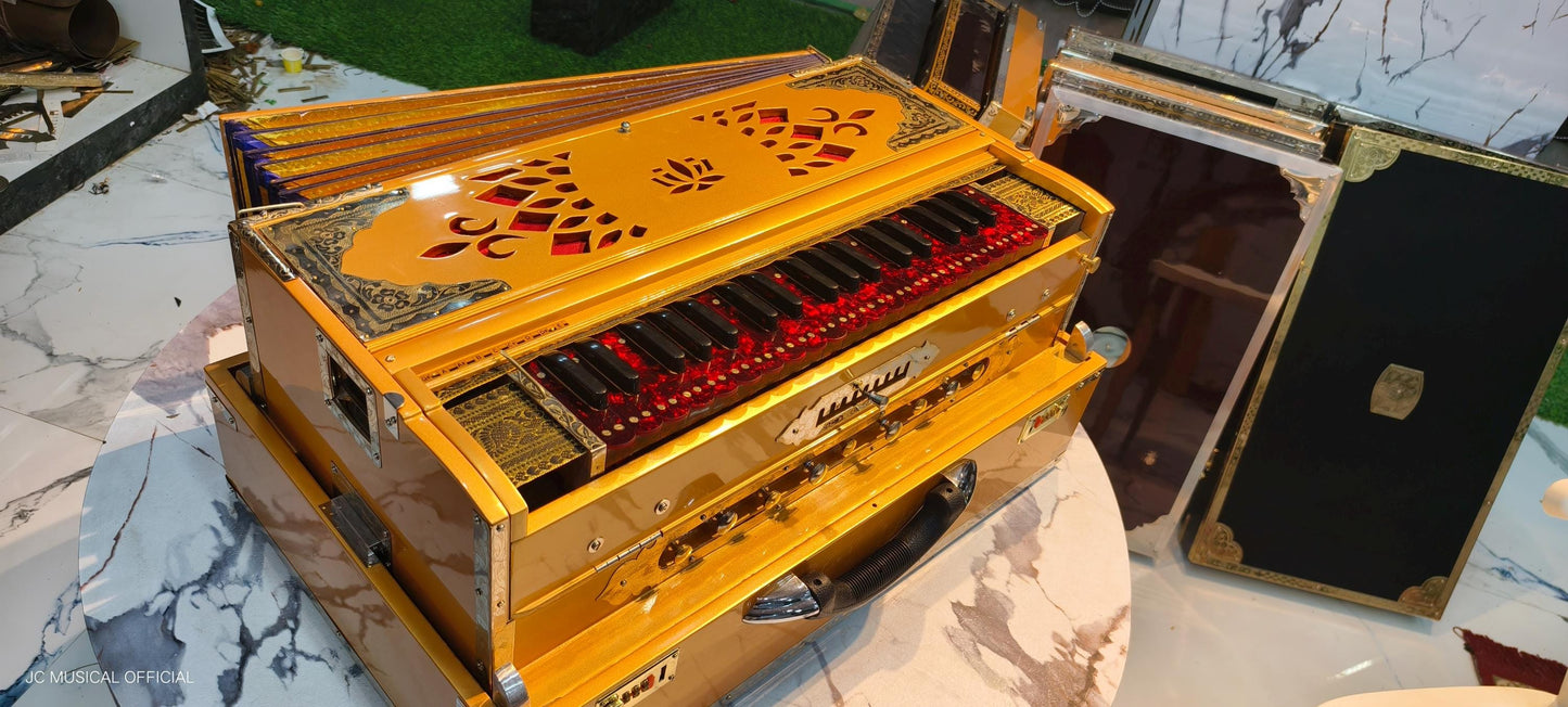 Scale changer harmonium 3line 9scale metalic golden with entic red keys