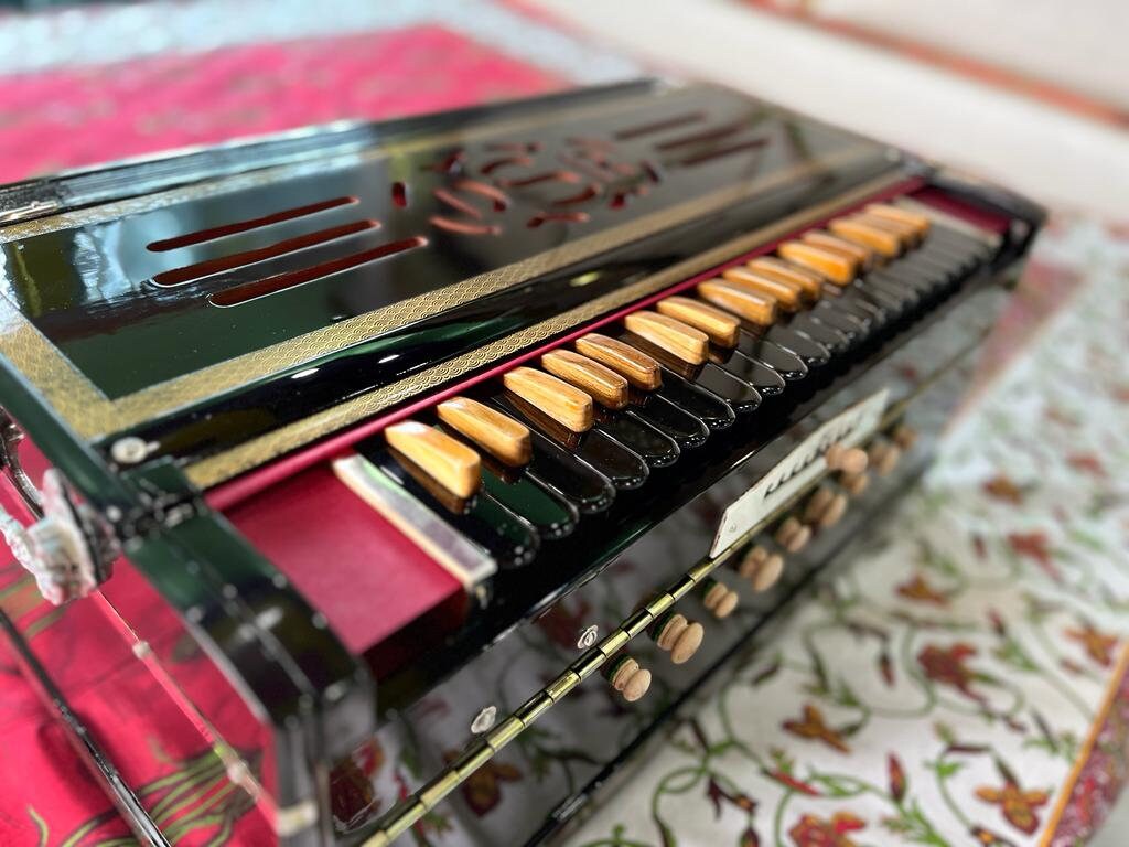 DS RAMSINGH 9Scale changer Harmonium with wooden keys and stopers black mirror finish polish with black imported Italian keyboard