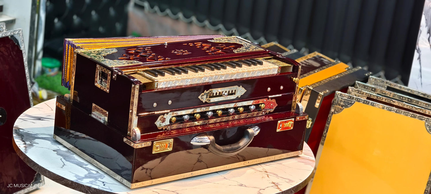 SCALE CHANGER HARMONIUM 3line 9scale mahgony glossy finish full brass decoration premium quality