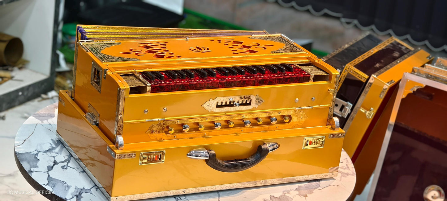Scale changer harmonium 3line 9scale metalic golden with entic red keys