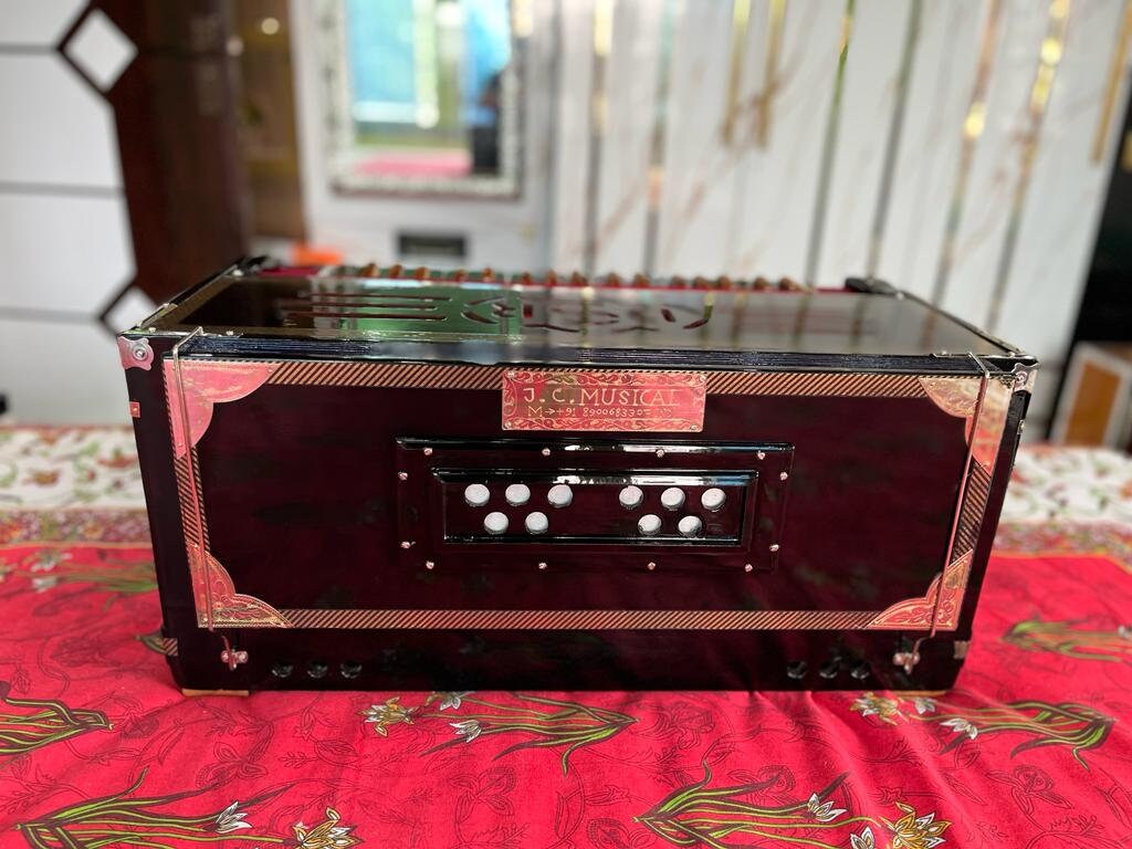 DS RAMSINGH 9Scale changer Harmonium with wooden keys and stopers black mirror finish polish with black imported Italian keyboard
