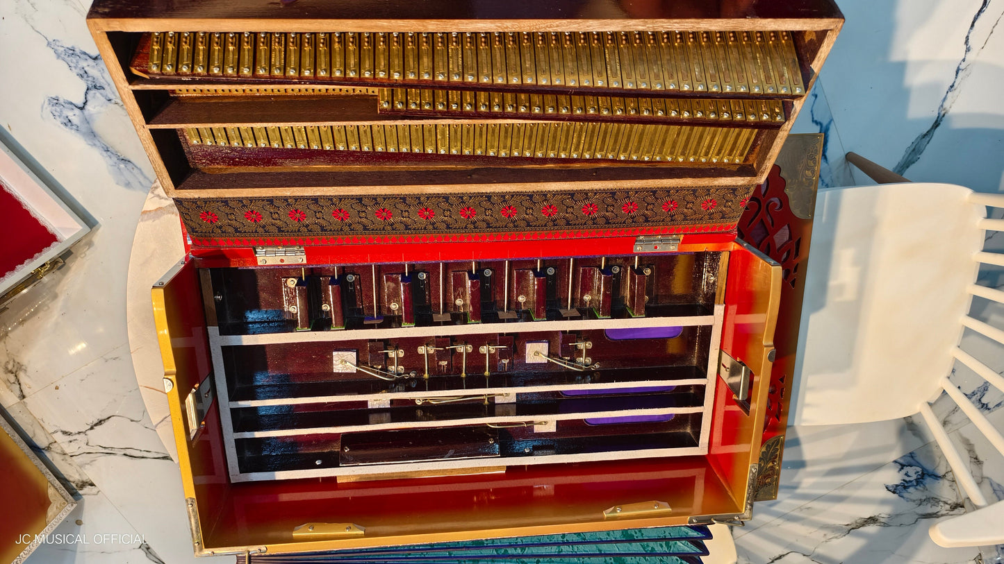 Professional 3 Line Harmonium Red & Gold, 9 Scale Changer