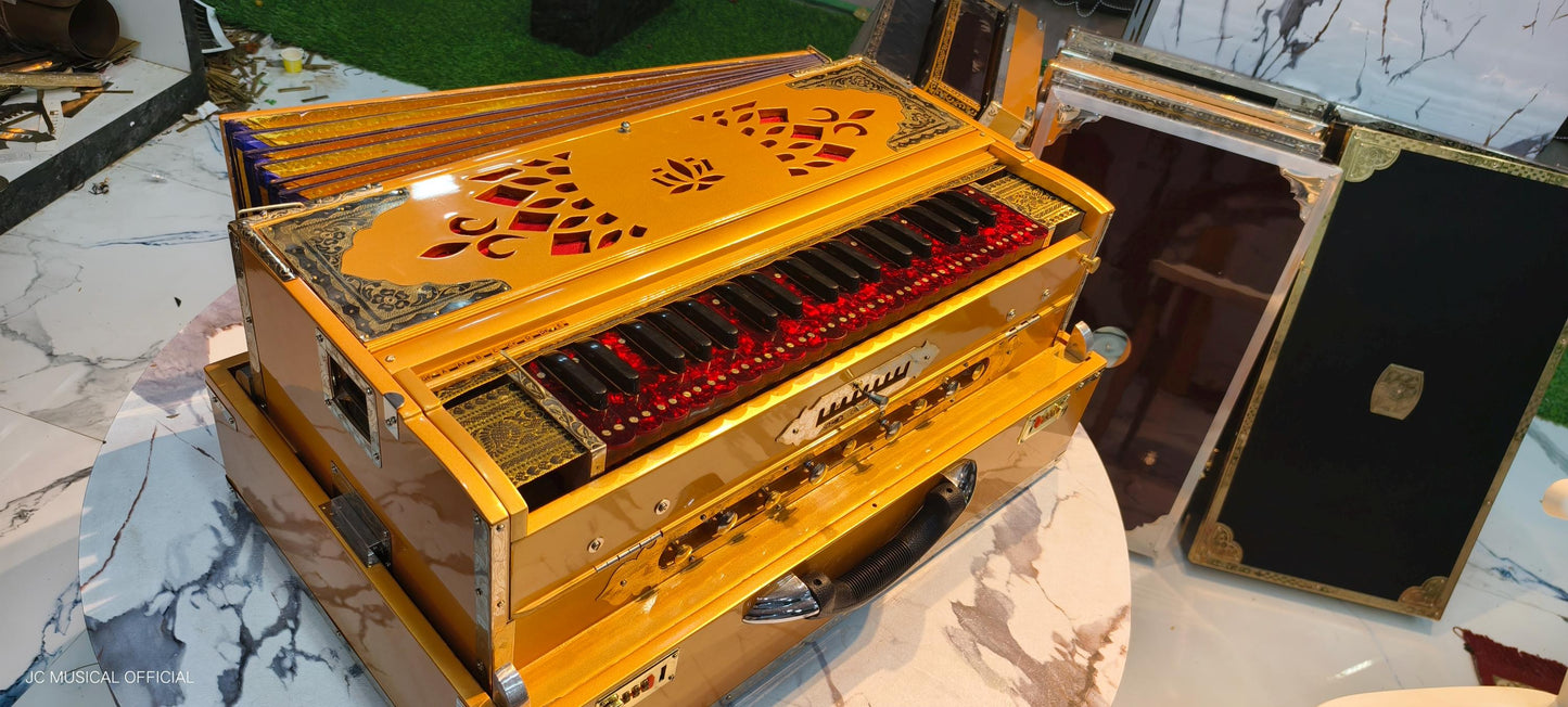 Scale changer harmonium 3line 9scale metalic golden with entic red keys