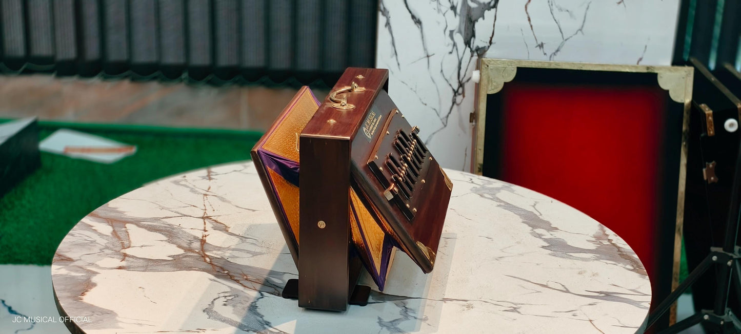 Shruti Box: Medium Size, Deep Brown, Golden Brass Decoration/ LOWER OCTEVE C3-C4 NOTES