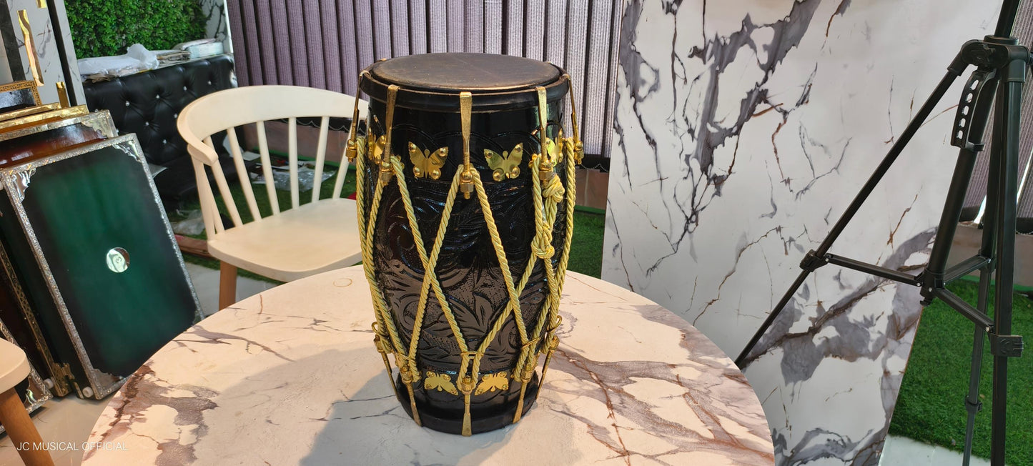 Professional Sheesham Wood Dholak: Black Glossy Finish, Nut Bolt Tuning