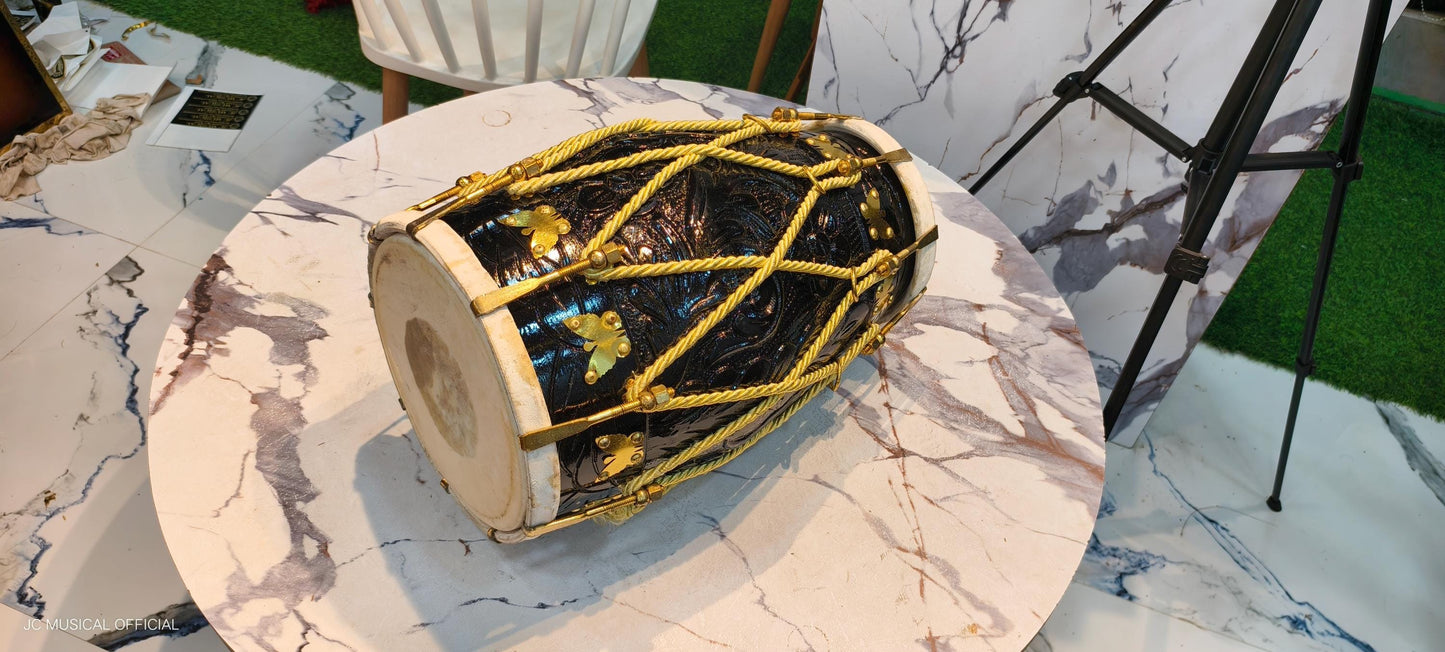 Sheesham Wood Dholak: Nut Bolt Tuning, Black Gloss Finish