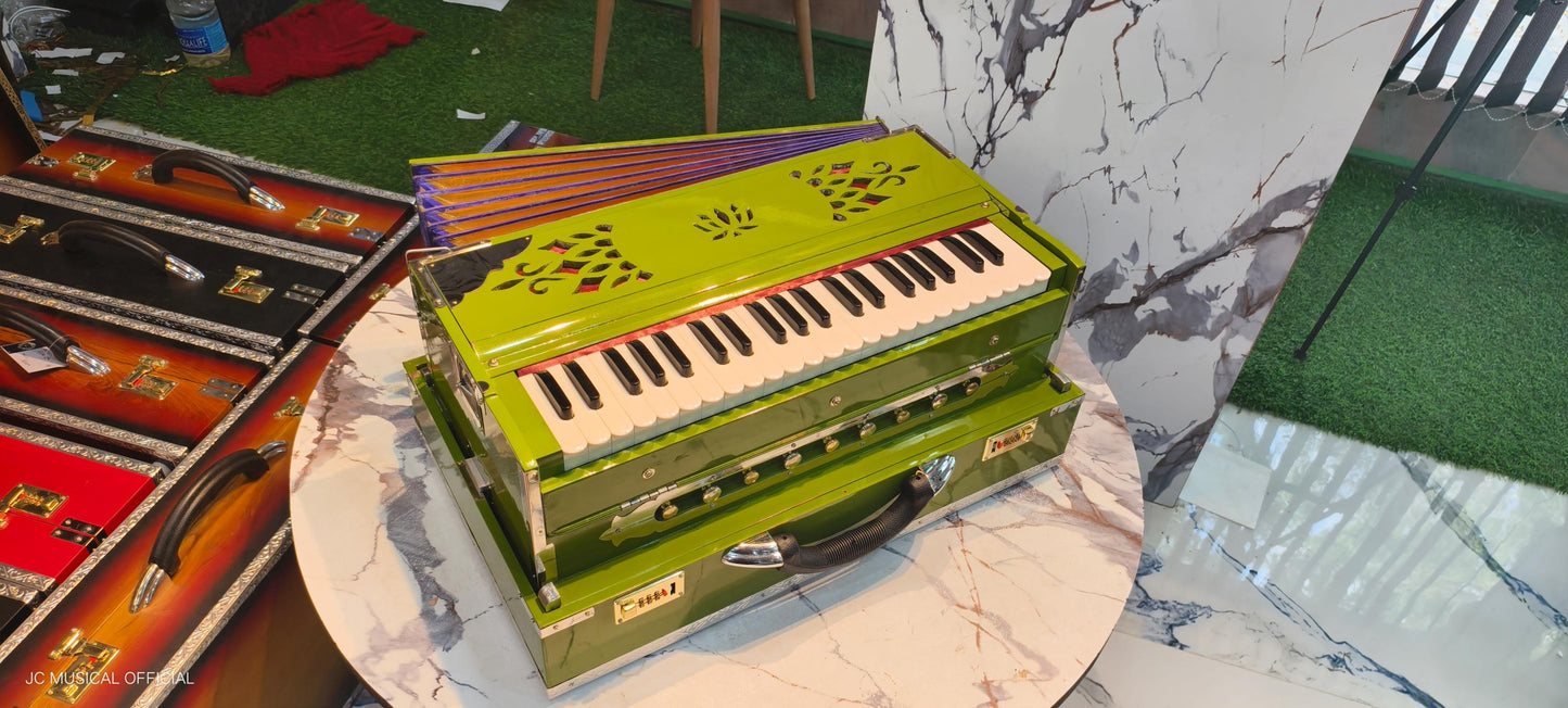 2LINE PROFESSIONAL HARMONIUM| Full season teakwood body/ Bass male 42reeds / GREEN glossy finish