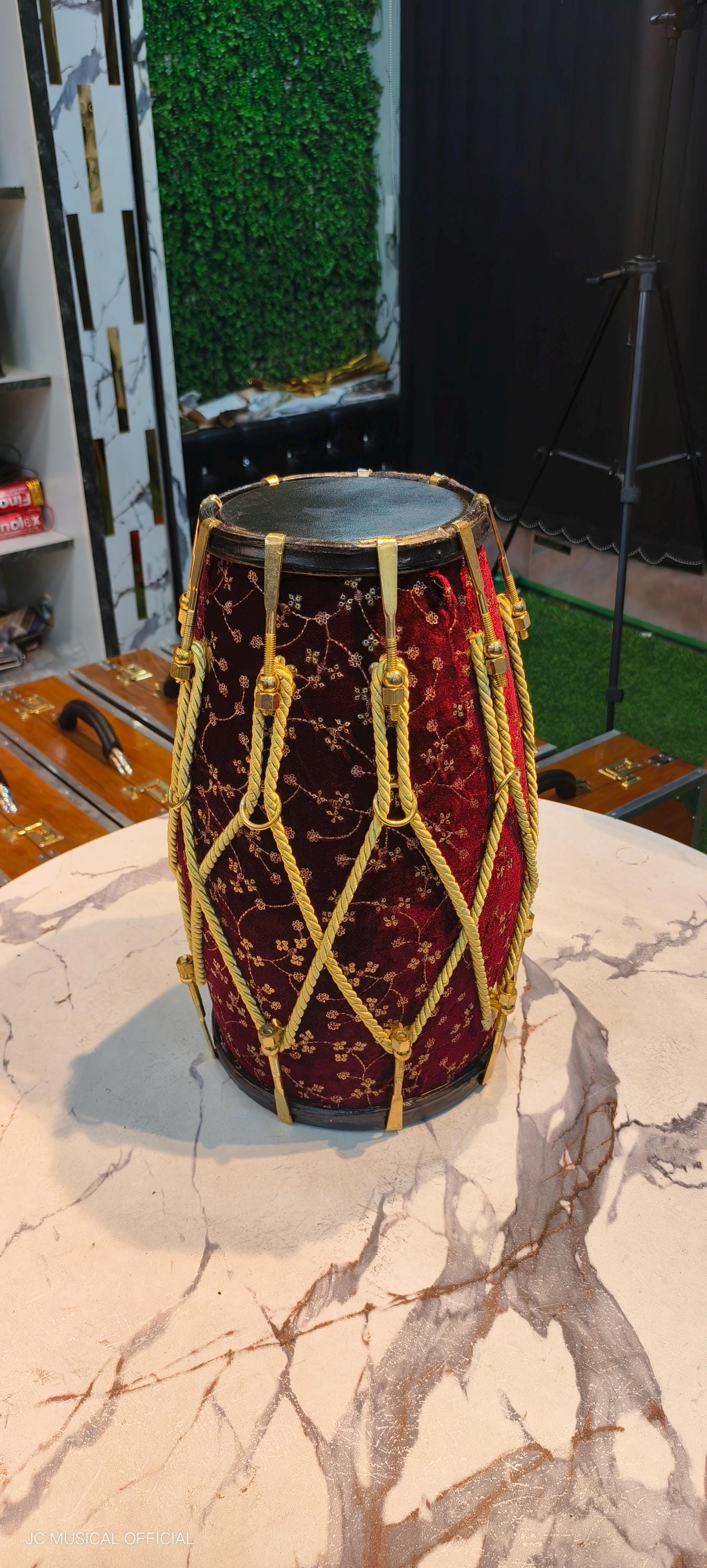 Sheesham Wood professional Dholak: Maroon Velvet jari work design, nut bolt tuning system