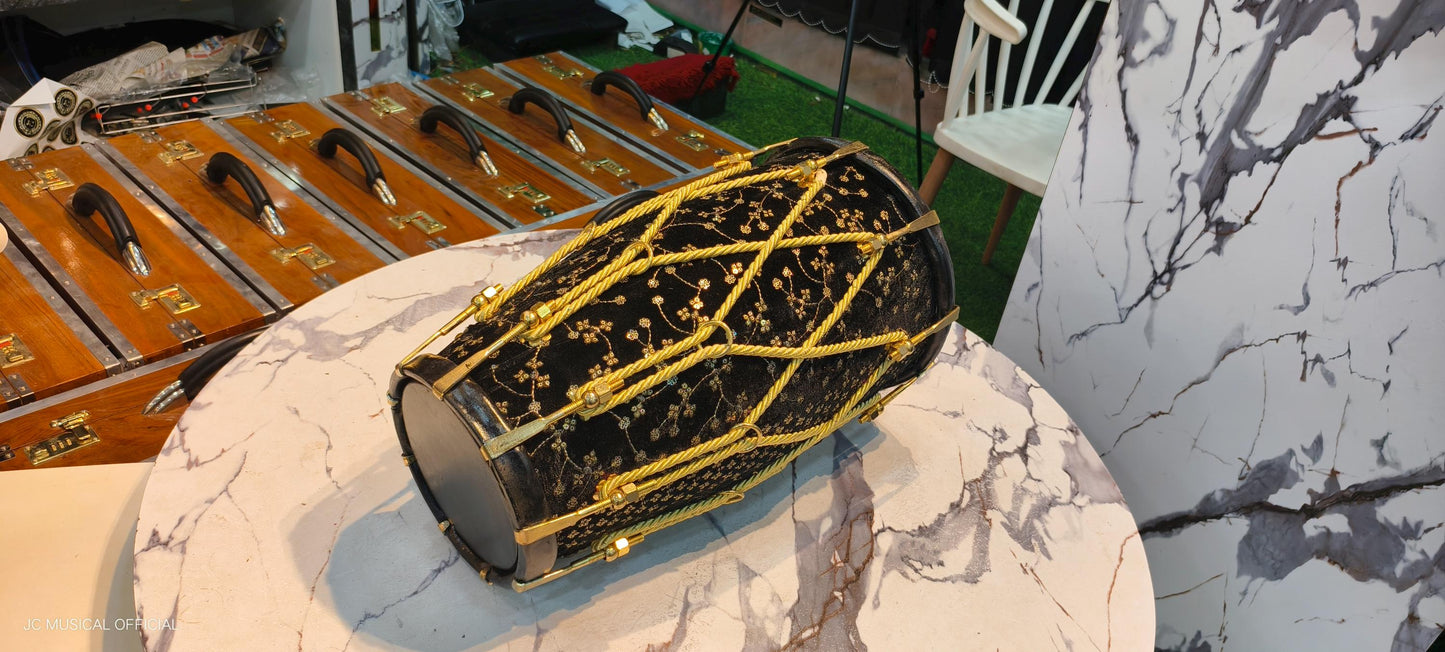 Sheesham Wood professional Dholak: Black Velvet Jari Design, Nut Bolt Tuning