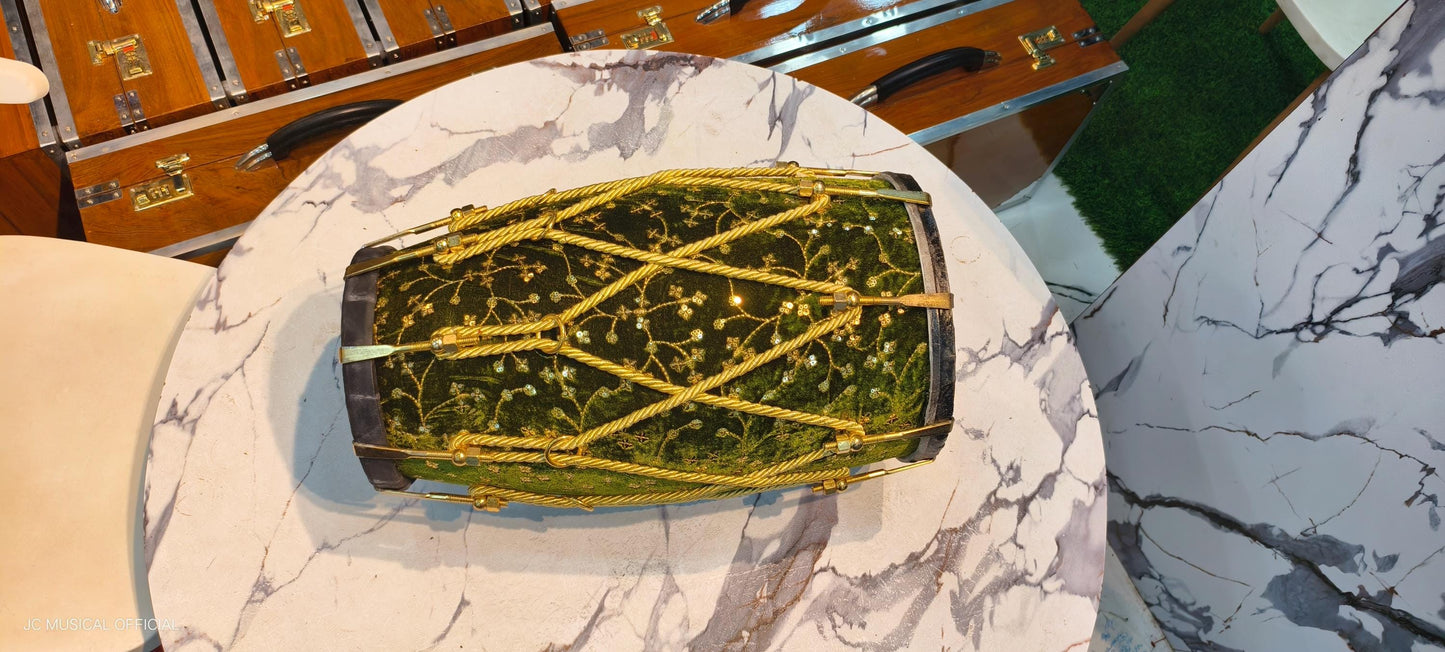 Sheesham Wood professional Dholak: Green Velvet design jari work, Nut Bolt Tuning