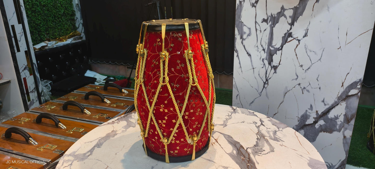 Sheesham Wood professional Dholak: Red Velvet jari work,Nut bolt tuning system