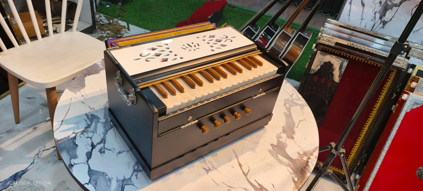 2LINE MINI HARMONIUM PROFESSIONAL/ Customised model white black dual tone with premium wooden accessories