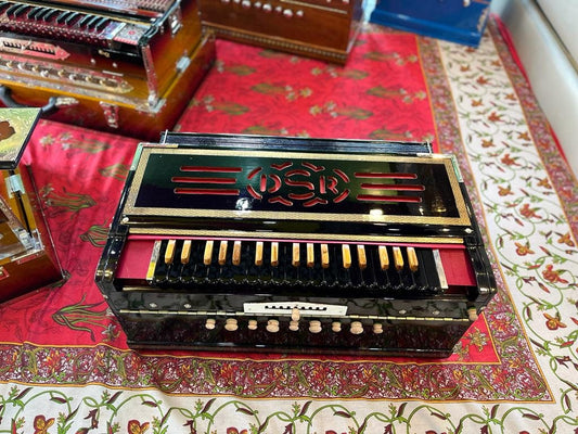 DS RAMSINGH 9Scale changer Harmonium with wooden keys and stopers black mirror finish polish with black imported Italian keyboard