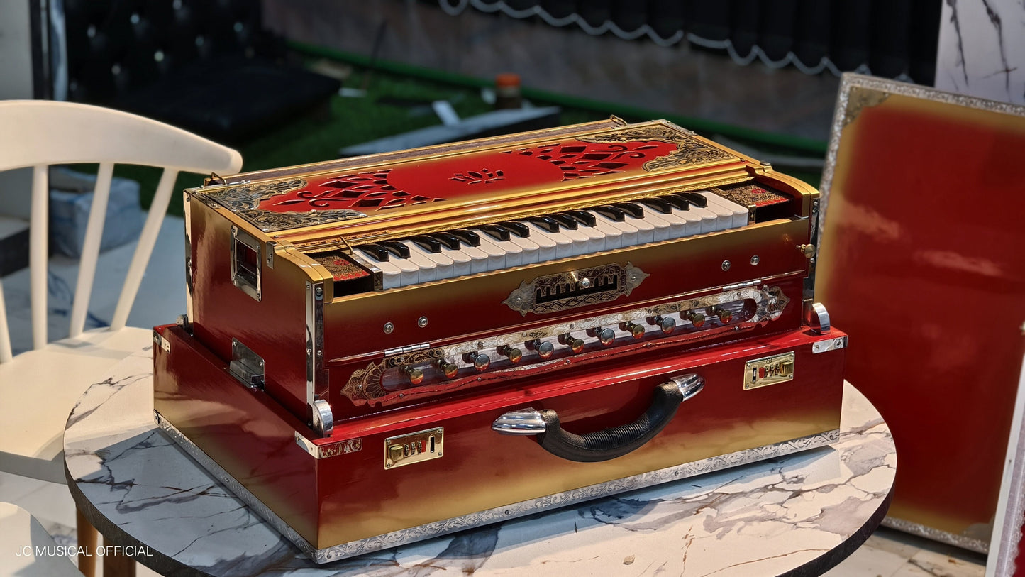 Professional 3 Line Harmonium Red & Gold, 9   Scale Changer