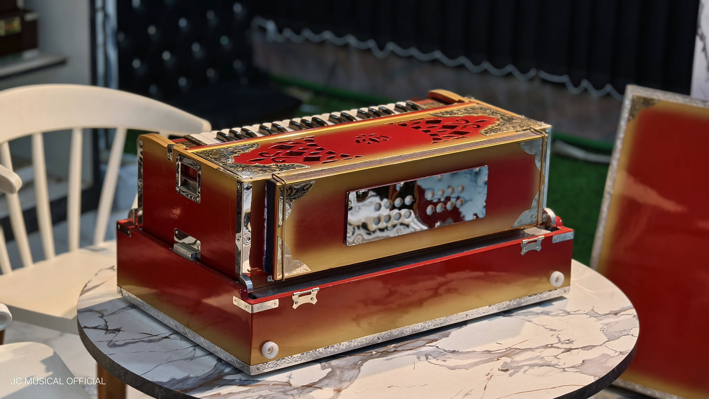 Professional 3 Line Harmonium Red & Gold, 9   Scale Changer
