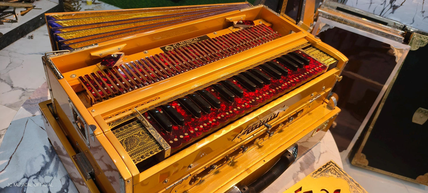 Scale changer harmonium 3line 9scale metalic golden with entic red keys