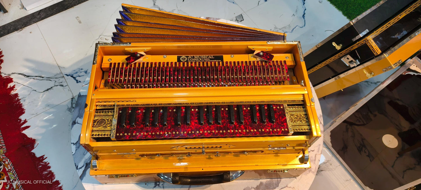Scale changer harmonium 3line 9scale metalic golden with entic red keys