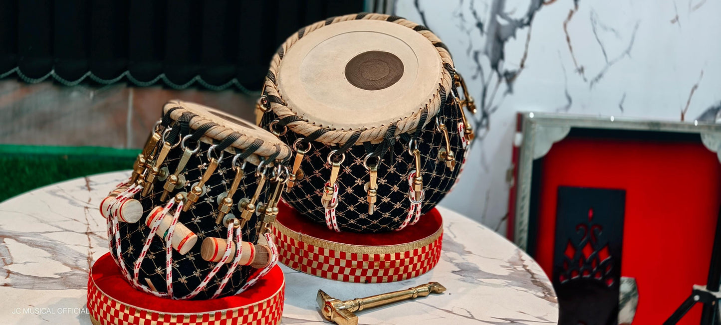 Professional Tabla Set: Sesham Wood, Brass Bayan, black velvet work