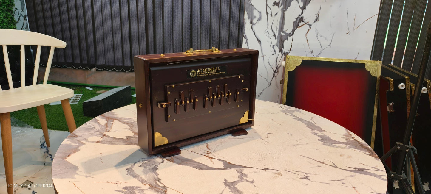 Shruti Box: Medium Size, Deep Brown, Golden Brass Decoration/ LOWER OCTEVE C3-C4 NOTES