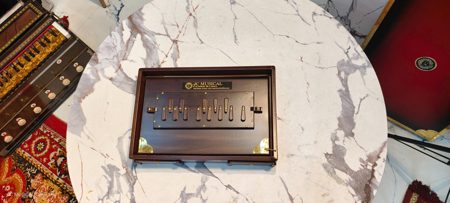 Shruti Box: Medium Size, Deep Brown, Golden Brass Decoration/ LOWER OCTEVE C3-C4 NOTES