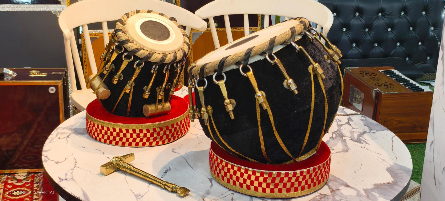 Professional Tabla Set: Black Sheesham Wood, Copper Dagga, Velvet Detail