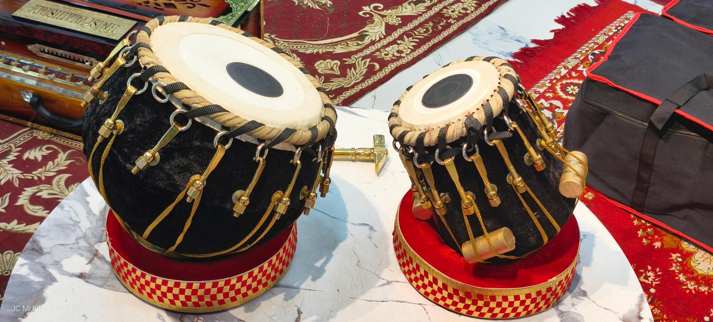 Professional Tabla Set: Black Sheesham Wood, Copper Dagga, Velvet Detail