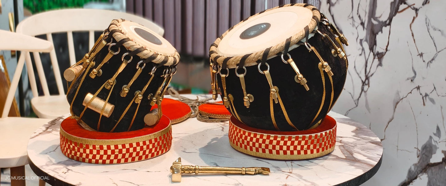 Professional Tabla Set: Black Sheesham Wood, Copper Dagga, Velvet Detail
