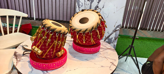 Professional Tabla Set: Heavy Copper Bayan, Sheesham Dayan, Velvet Detail