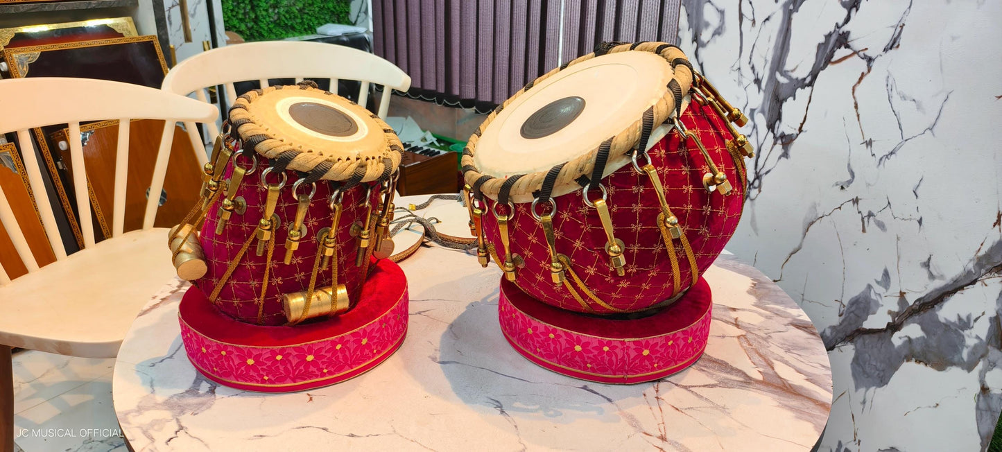 Professional Tabla Set: Heavy Copper Bayan, Sheesham Dayan, Velvet Detail