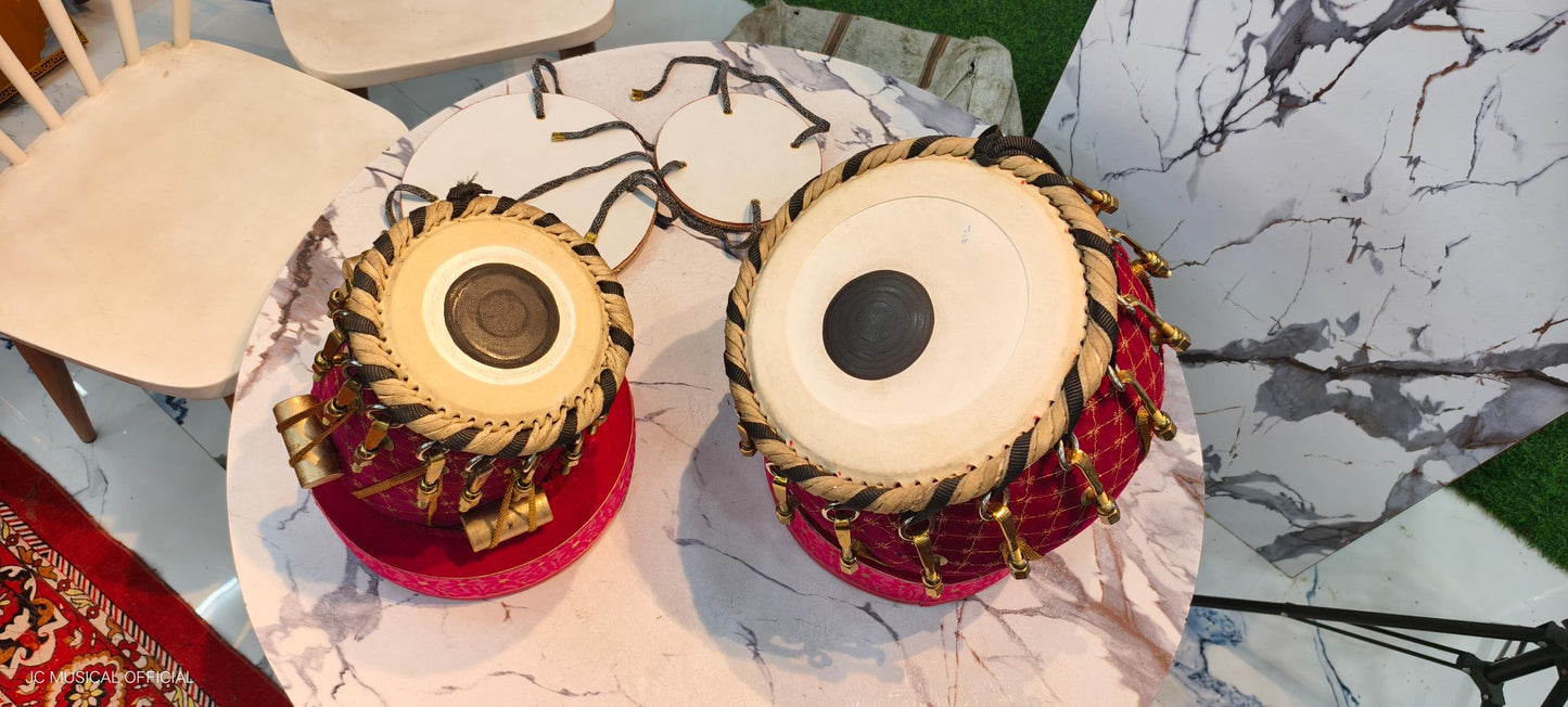 Professional Tabla Set: Heavy Copper Bayan, Sheesham Dayan, Velvet Detail