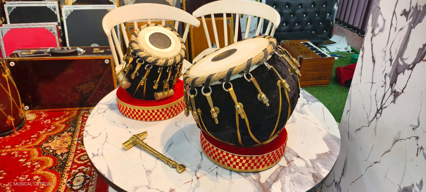 Professional Tabla Set: Black Sheesham Wood, Copper Dagga, Velvet Detail