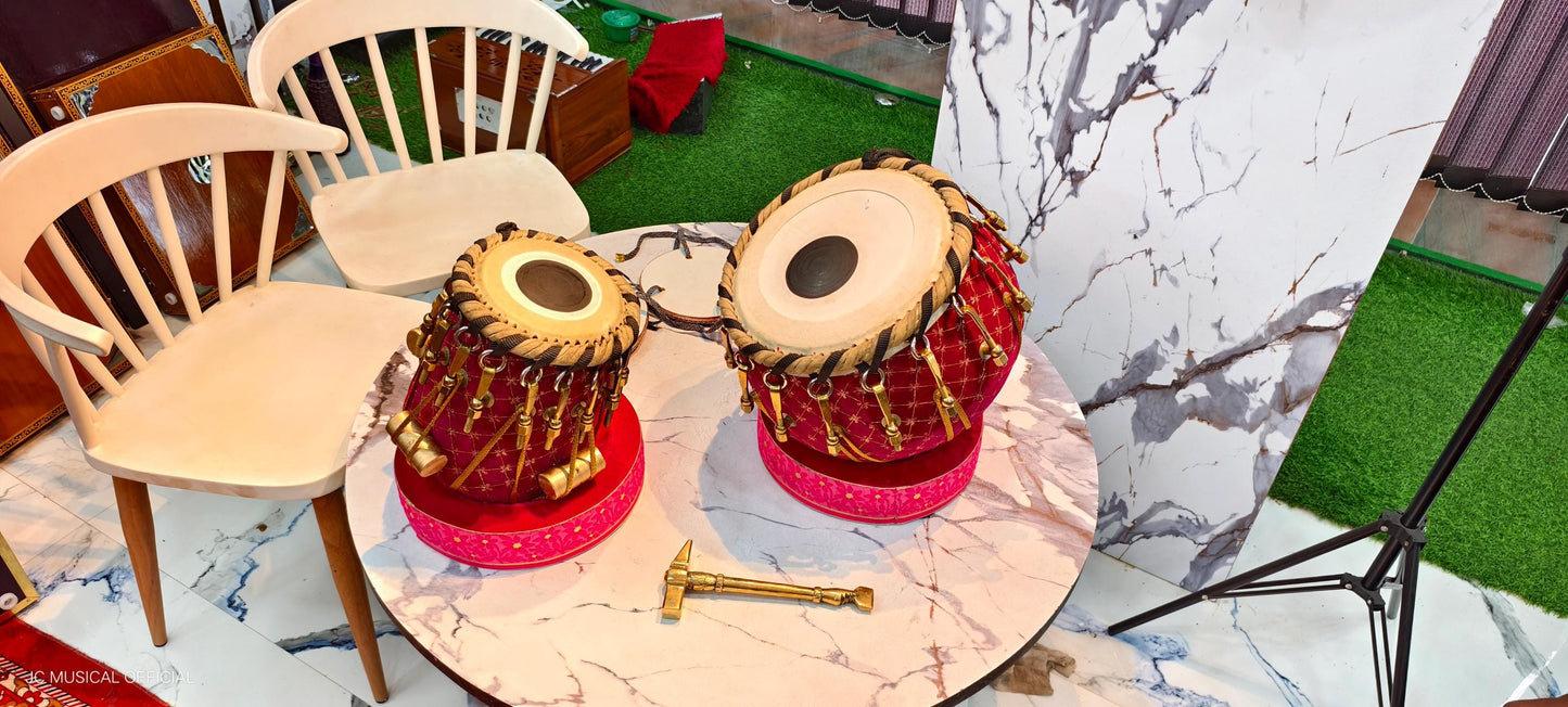 Professional Tabla Set: Heavy Copper Bayan, Sheesham Dayan, Velvet Detail