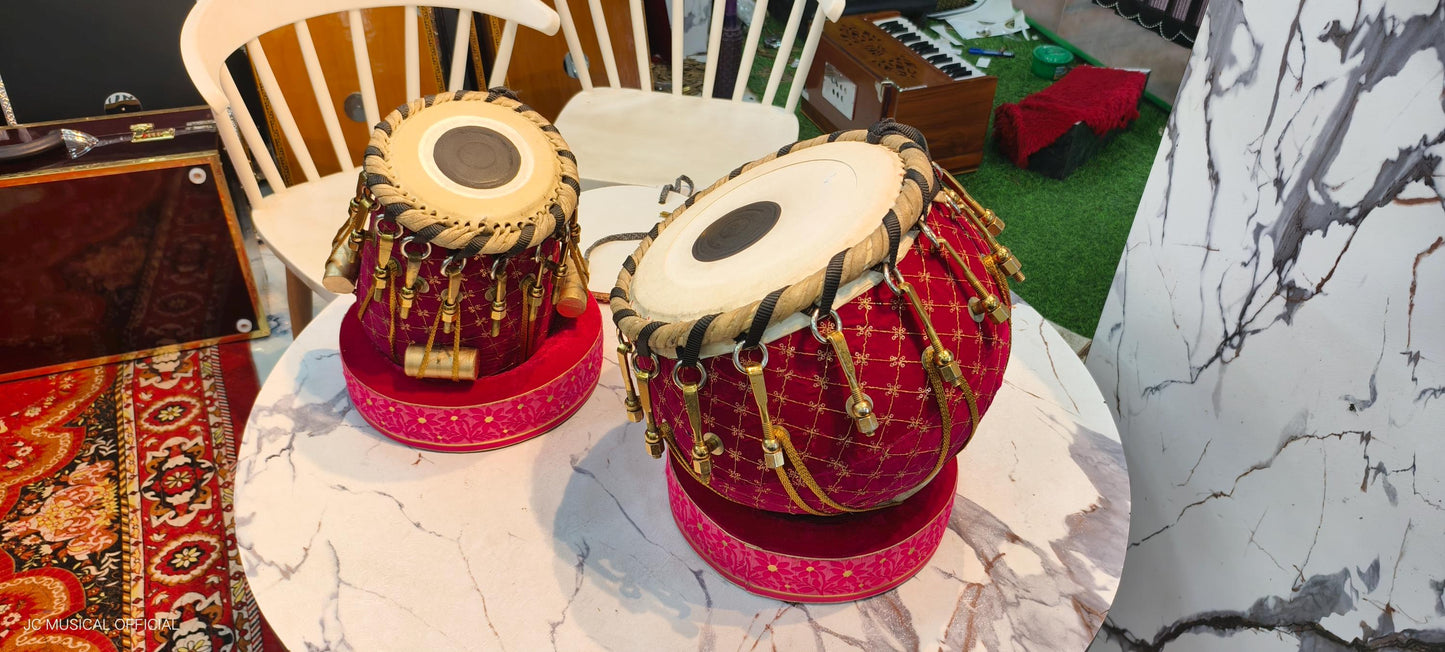 Professional Tabla Set: Heavy Copper Bayan, Sheesham Dayan, Velvet Detail