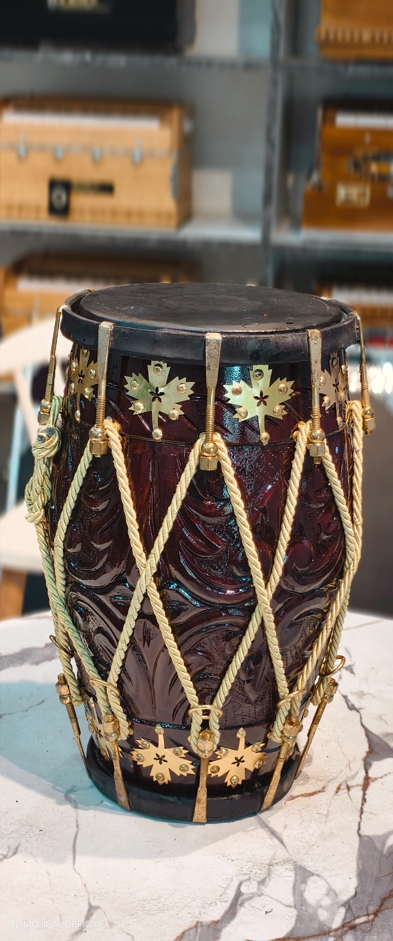 PROFESSIONAL DHOLAK| Pure season SHESHAM Wood with premium carving design and golden decoration| Cherry colour glossy finish