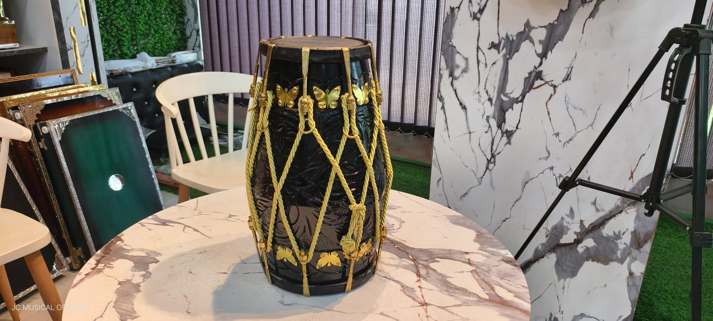 Professional Sheesham Wood Dholak: Black Glossy Finish, Nut Bolt Tuning