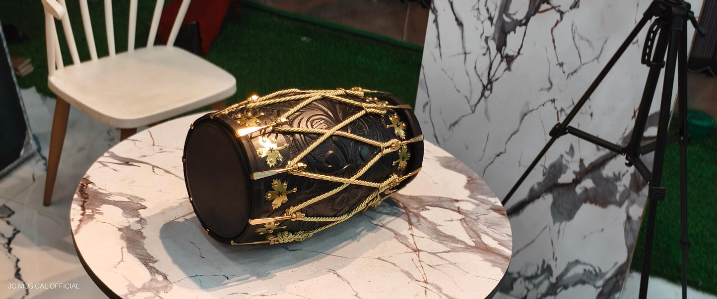 Professional Sheesham Wood Dholak: Mat Black Finish, Golden Decoration