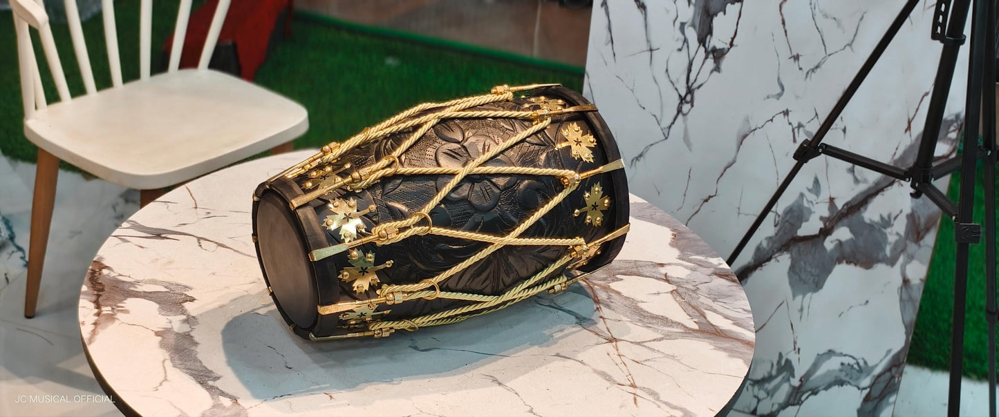Professional Sheesham Wood Dholak: Mat Black Finish, Golden Decoration