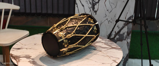 Professional Sheesham Wood Dholak: Mat Black Finish, Golden Decoration