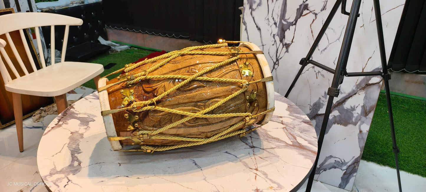 Sheesham Wood Dholak: Professional Nut Bolt Tuning, Golden Decoration