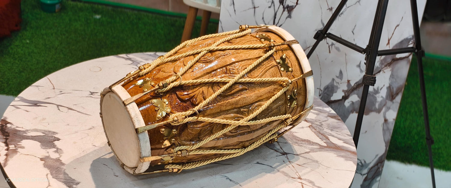 Sheesham Wood Dholak: Professional Nut Bolt Tuning, Golden Decoration