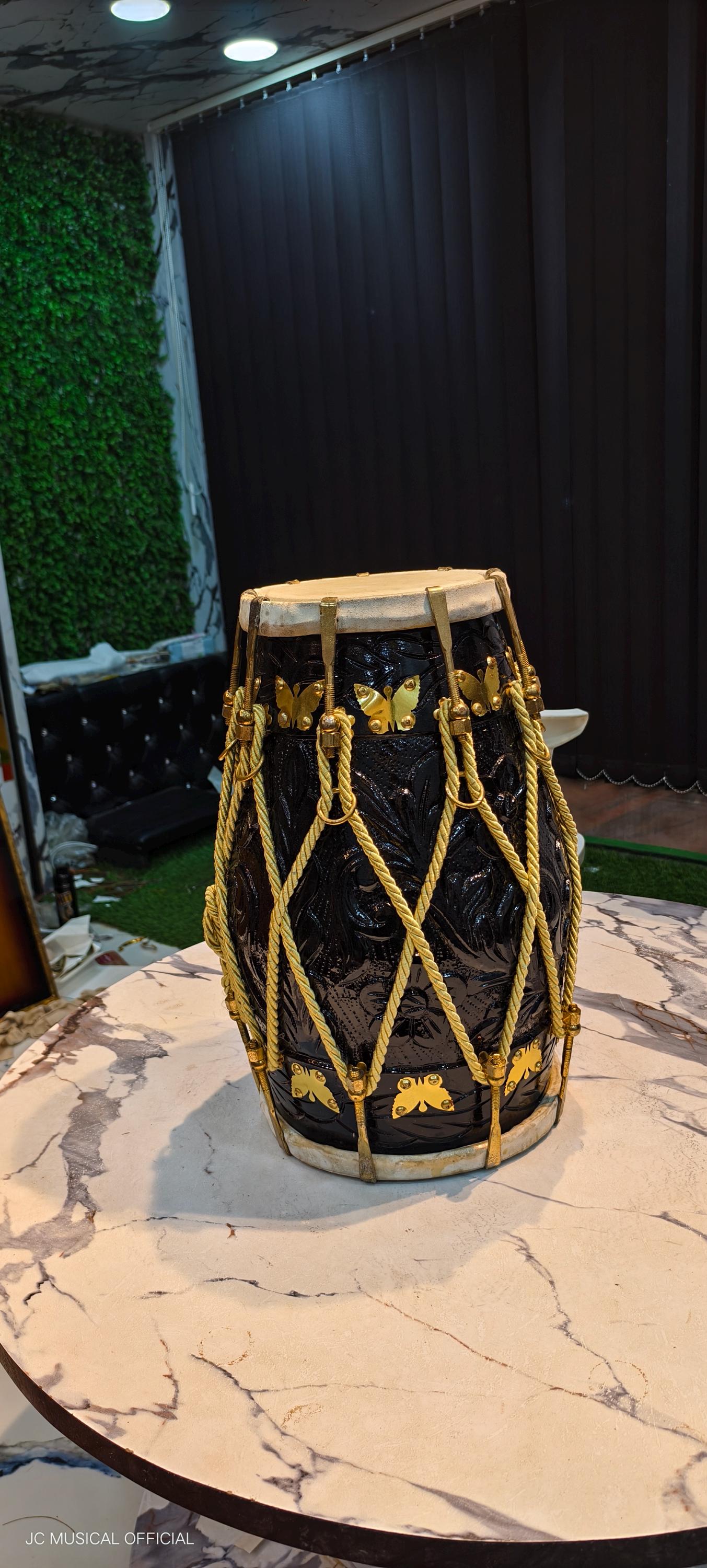 Sheesham Wood Dholak: Nut Bolt Tuning, Black Gloss Finish