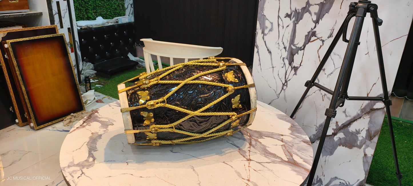 Sheesham Wood Dholak: Nut Bolt Tuning, Black Gloss Finish