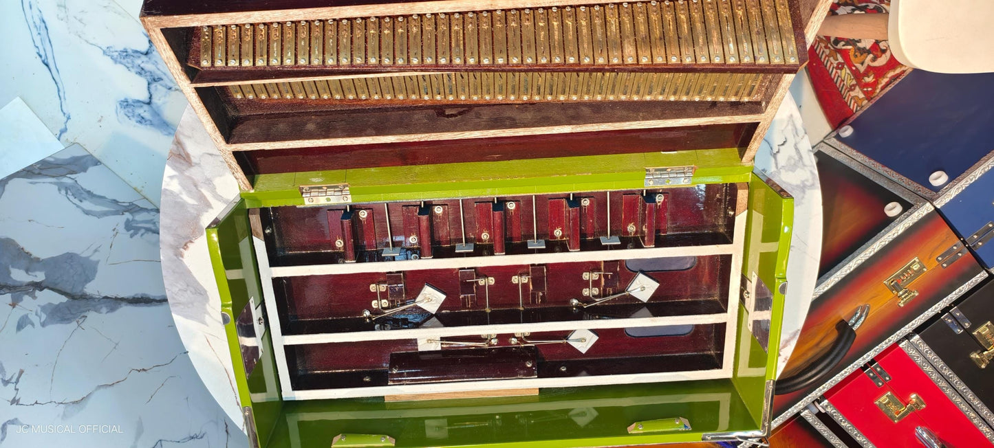 2LINE PROFESSIONAL HARMONIUM| Full season teakwood body/ Bass male 42reeds / GREEN glossy finish
