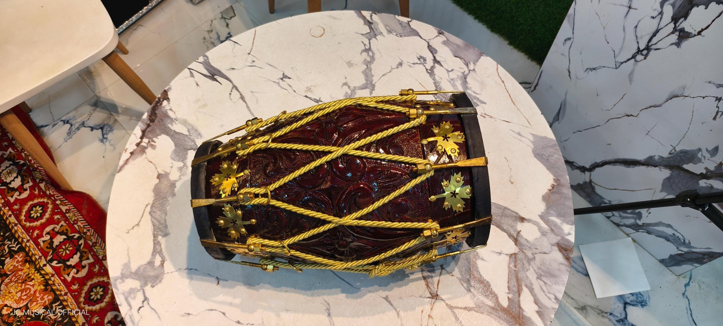 PROFESSIONAL DHOLAK| Pure season SHESHAM Wood with premium carving design and golden decoration| Cherry colour glossy finish