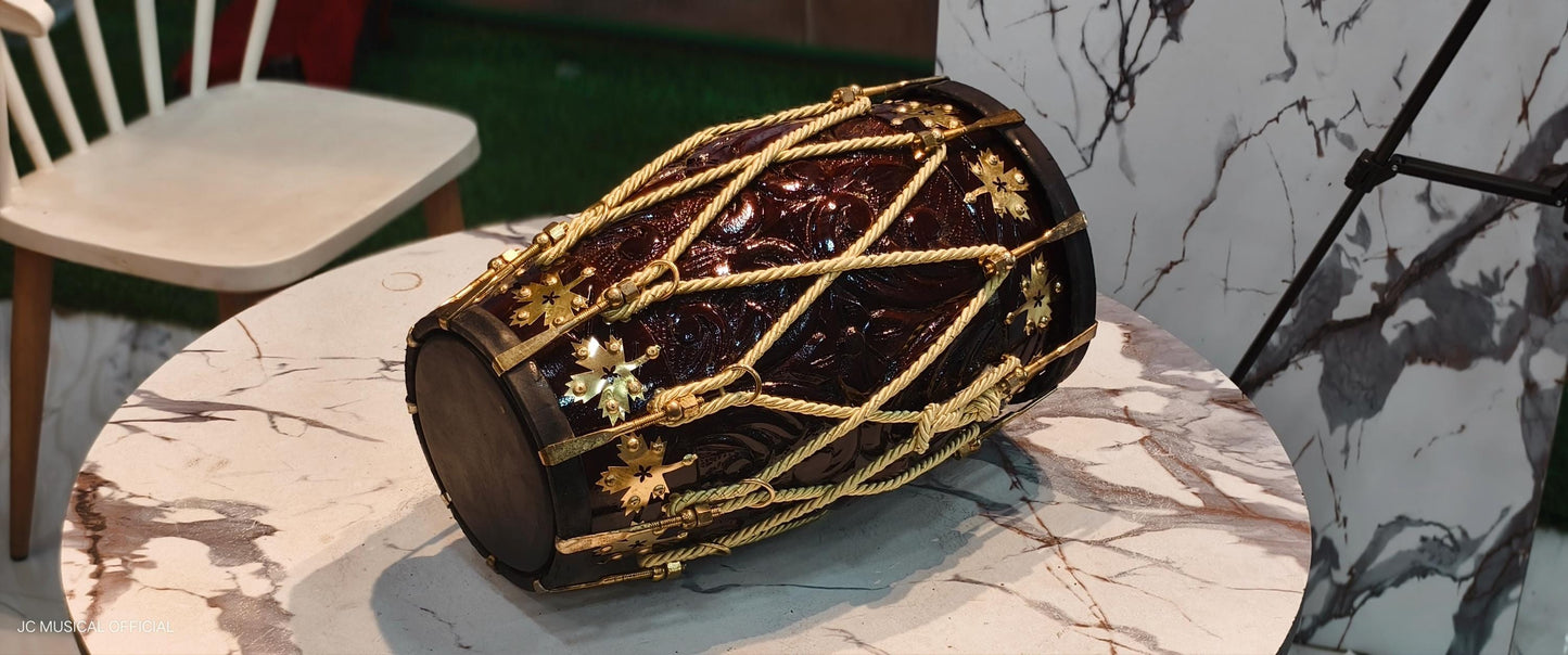 PROFESSIONAL DHOLAK| Pure season SHESHAM Wood with premium carving design and golden decoration| Cherry colour glossy finish