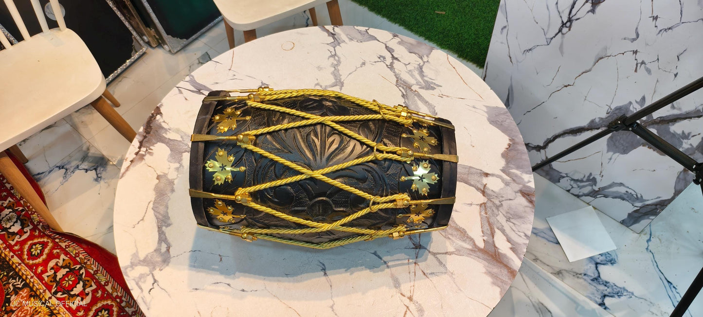 Professional Sheesham Wood Dholak: Mat Black Finish, Golden Decoration