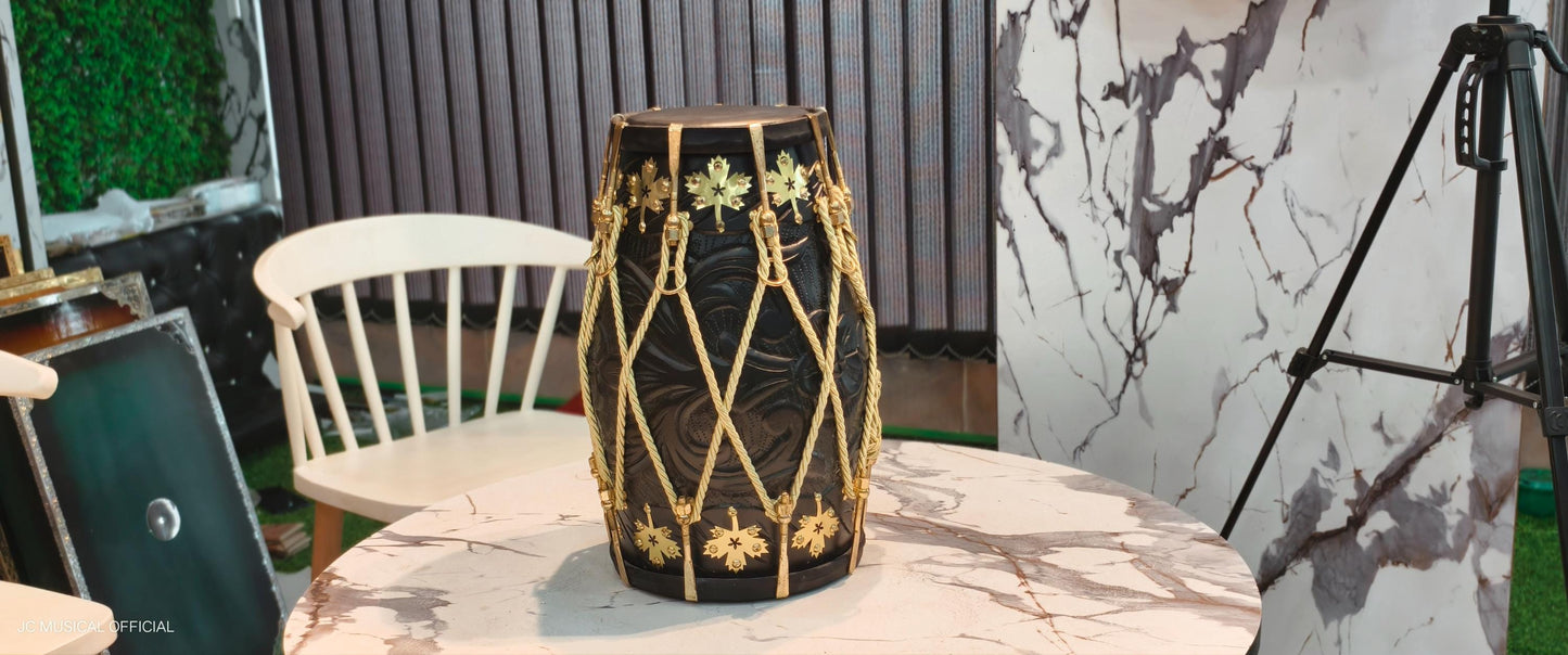 Professional Sheesham Wood Dholak: Mat Black Finish, Golden Decoration